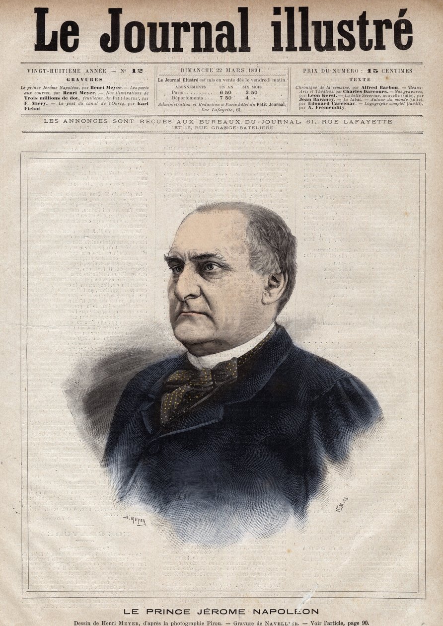 Jerome Bonaparte dit Plon (Plonplon) (1822-1891) (Napoleon-Jerome Bonaparte ou Príncipe Jerome Napoleão), filho de Jerome Bonaparte (1784-1860) - Gravura de Navellier em "The Illustrous Journal" de 1891 de Edouard Felicien Eugene Navellier