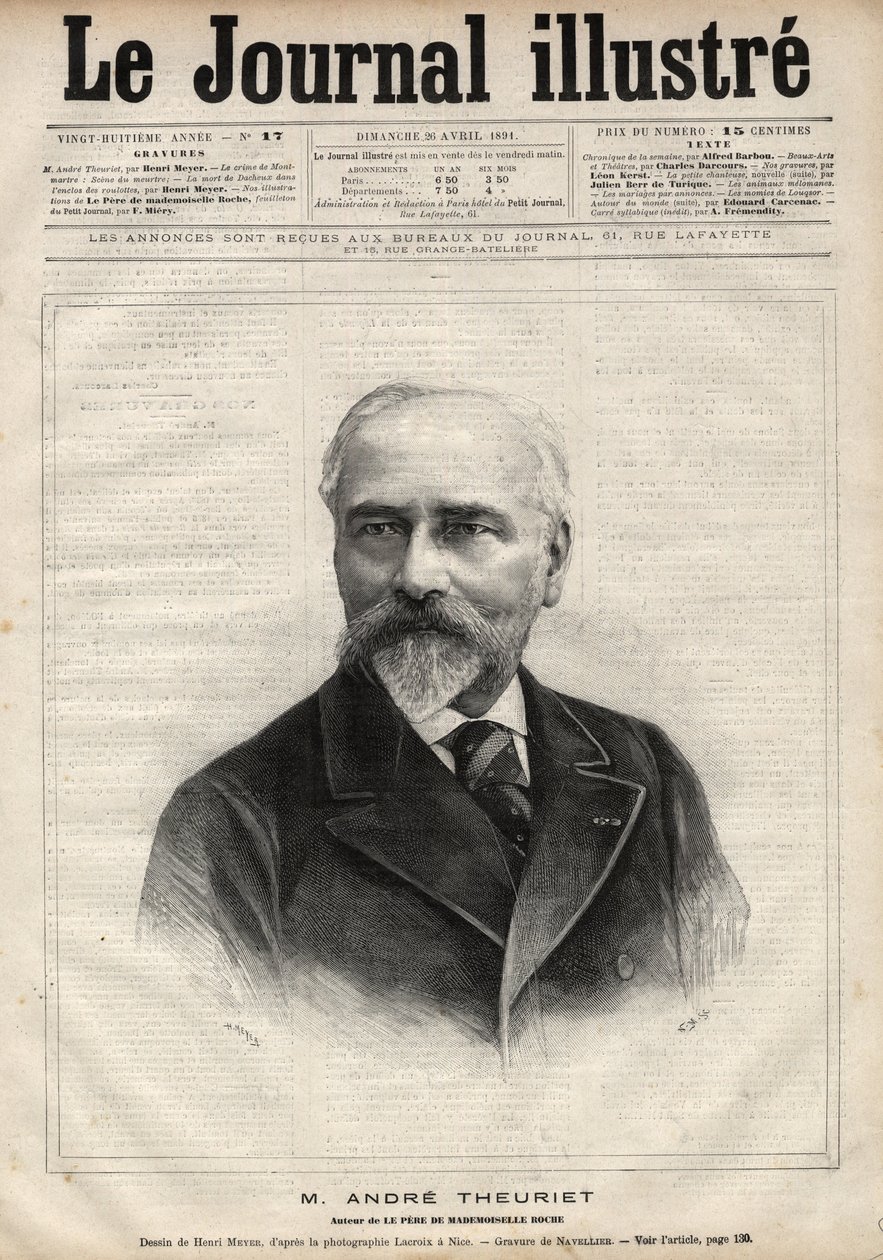Retrato de André Theuriet (1833-1907), romancista, poeta e acadêmico francês - Gravura de Navellier em "Le journal illustrious" de 1891 de Edouard Felicien Eugene Navellier