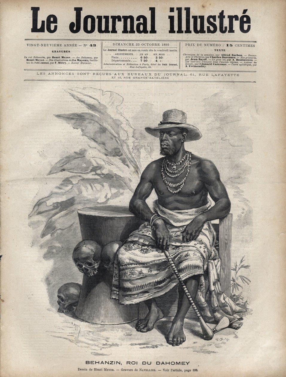 Retrato de Behanzin (1844-1900), Rei de Dahomey (Benin) - Gravura de Navellier em "The Illustrous Diary" de 1892 de Edouard Felicien Eugene Navellier