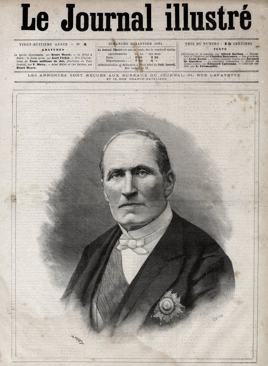 Retrato de Georges Eugene Haussmann chamado Barão Haussmann (1809-1891) prefeito do Sena durante o Segundo Império - Gravação de Navellier em "O Diário Ilustrado" de 1891 de Edouard Felicien Eugene Navellier