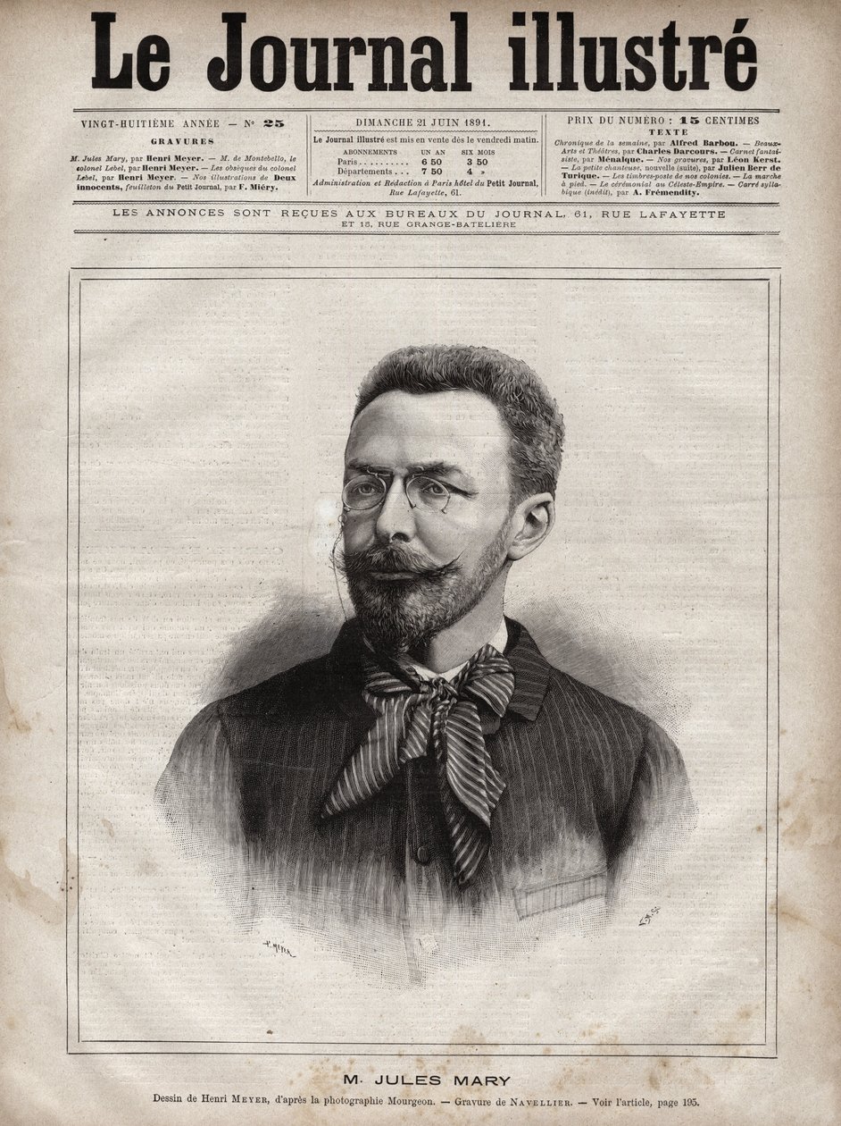 Retrato de Jules Mary (1851-1922), escritor francês - Gravura de Navellier em "The Illustrous Journal" de 1891 de Edouard Felicien Eugene Navellier