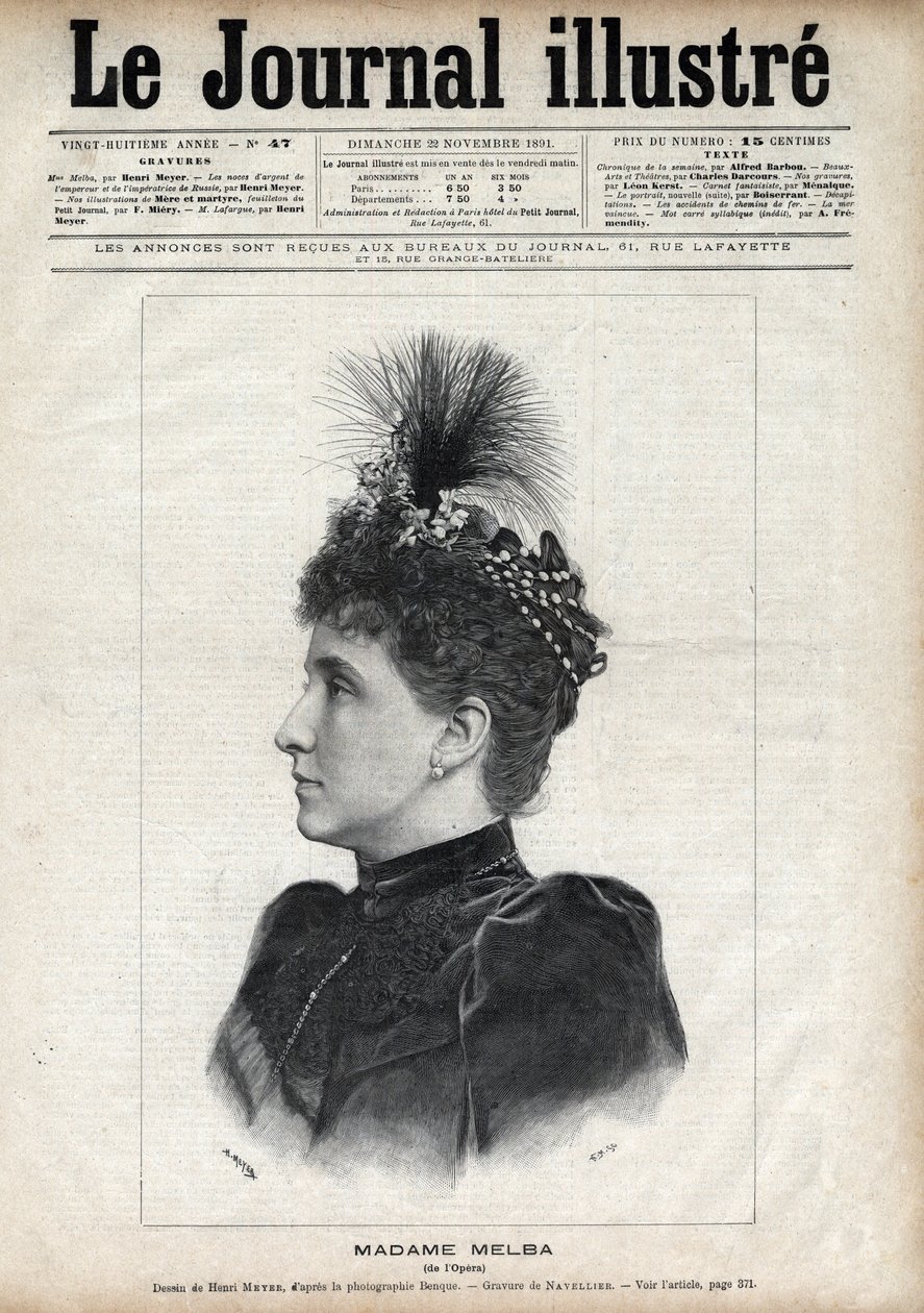 Retrato de Nellie Melba (Helen Porter Mitchell, dit) (1861-1931), soprano australiano - Gravura de Navellier no "The Illustrous Journal" de 1891 de Edouard Felicien Eugene Navellier