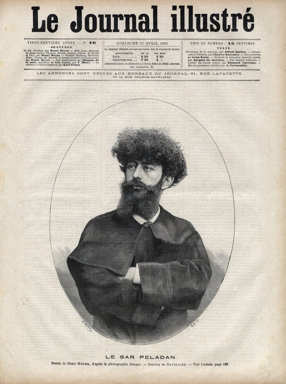 O Sar Merodack Josephin Peladan, pseudônimo de Josephin Peladan (1858-1918) escritor e ocultista francês - Gravura de Navellier em "The Illustrous Journal" de 1892 de Edouard Felicien Eugene Navellier