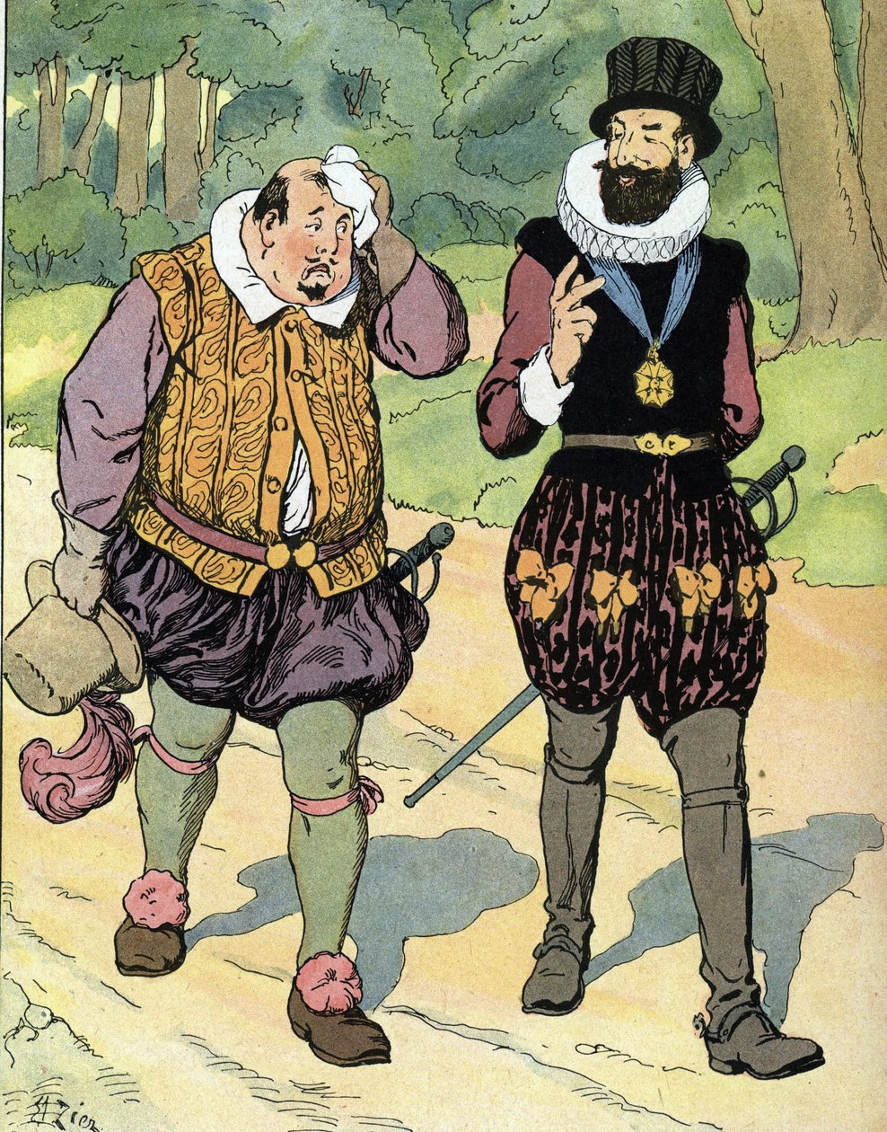 Rei Henrique IV (1553-1610) e Carlos II Duque de Mayenne (1554-1611) (Rei de França Henrique IV e Carlos de Lorena, Duque de Mayenne) Ilustração de Edouard Zier em "Our-glories-nationales" 1920 Colecção privada de Edouard Francois Zier