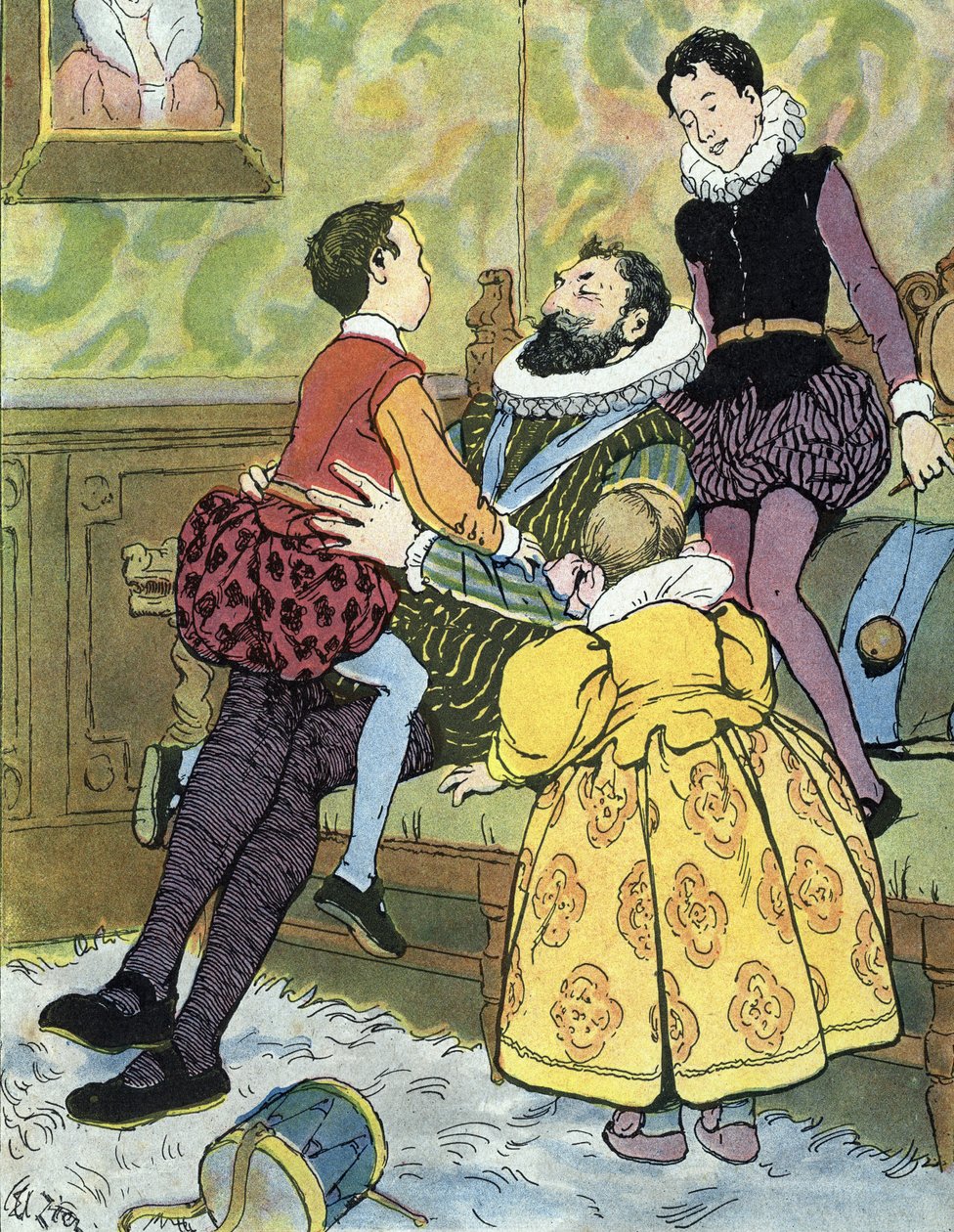 Rei de França Henri IV brincando com os seus filhos (1553-1610) Ilustração de Edouard Zier em "Nos-Gloriers-Nationales", privee da colecção de 1920 de Edouard Francois Zier