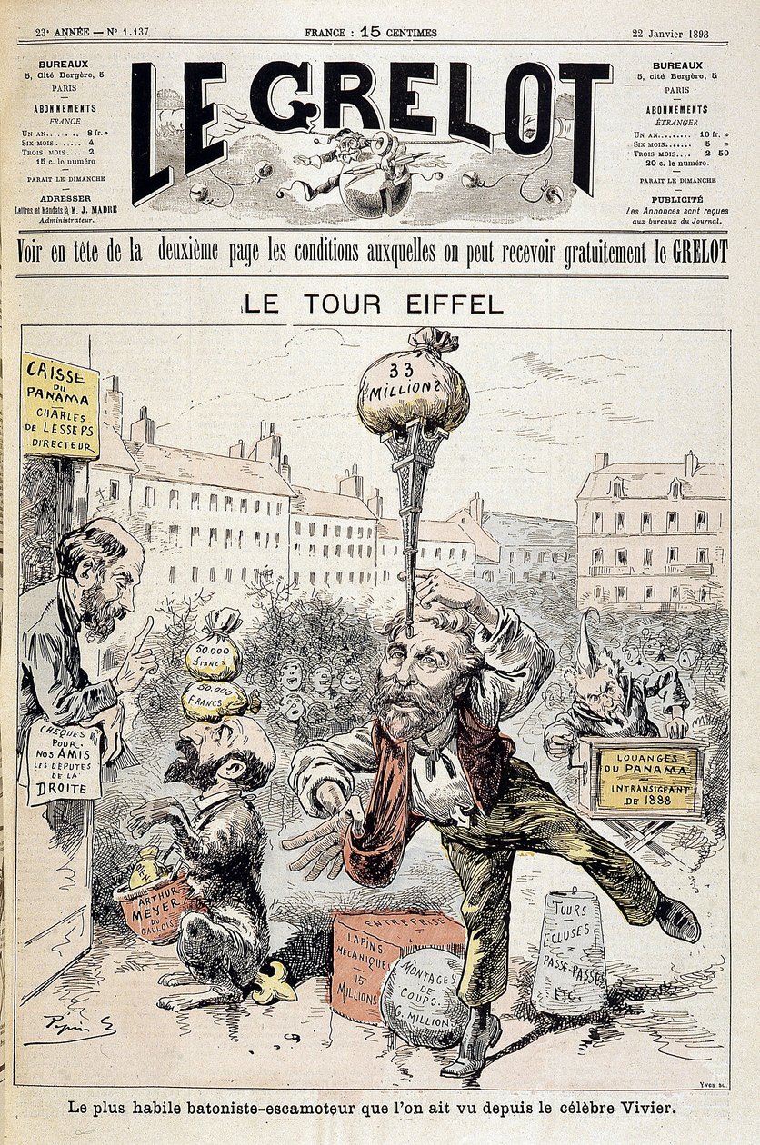 Desenho animado sobre escândalos financeiros "A Torre Eiffel: o batonista mais hábil - retractor visto desde o famoso Vivier". Capa "Le Grelot" de 22 de janeiro de Edouard Guillaumin Pepin