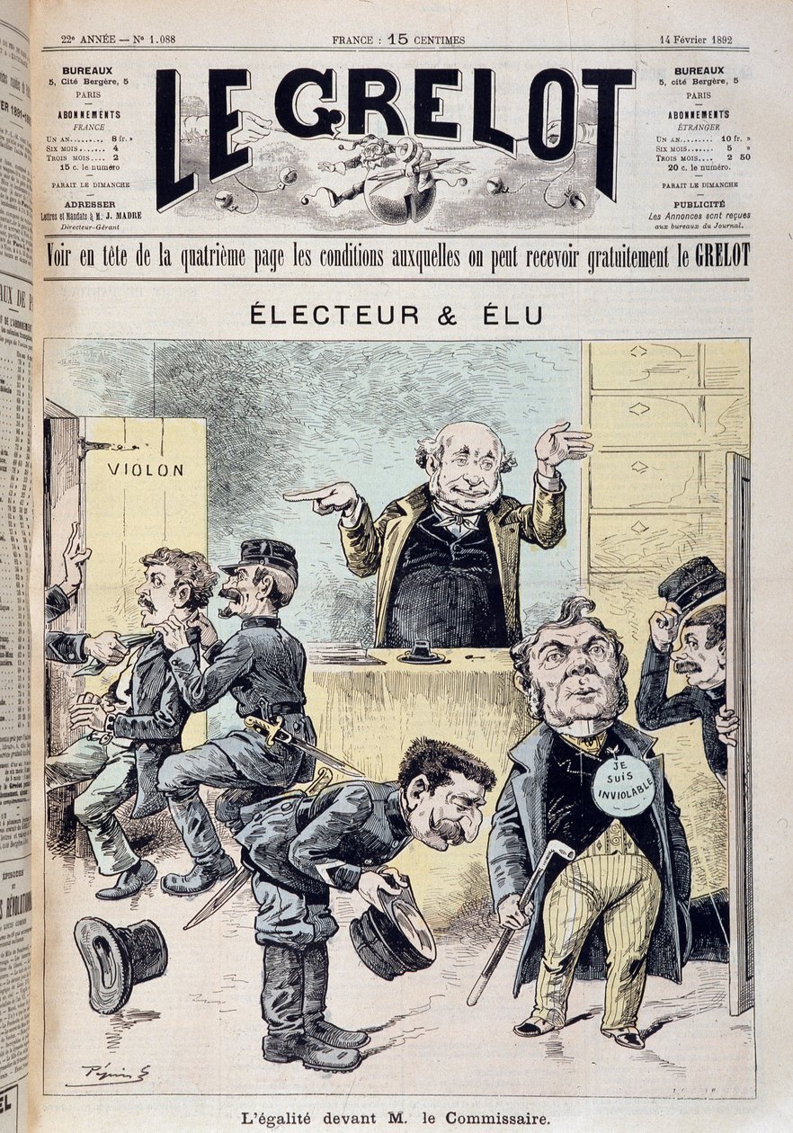 Desenho animado sobre imunidade parlamentar - em "Le Grelot" de 14/02/1892 de Edouard Guillaumin Pepin