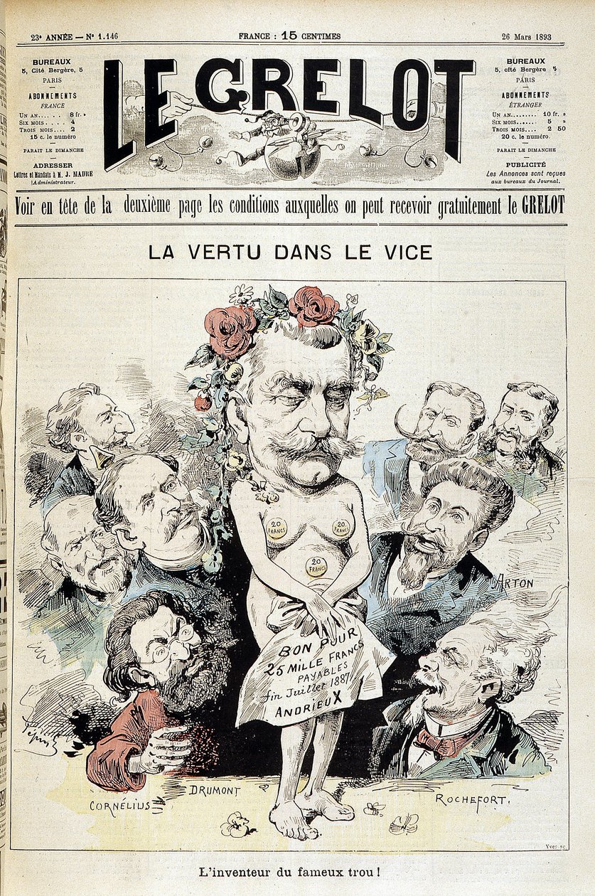 Desenho animado sobre o escândalo do Panamá: "Virtude no vício: o inventor do famoso buraco!" - Couv. "Le Grelot" de 26 de Março. de Edouard Guillaumin Pepin