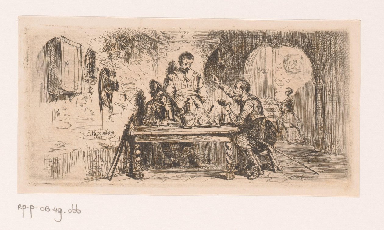 Três soldados a uma mesa num pátio, um deles lê de um livro de Edouard Hamman