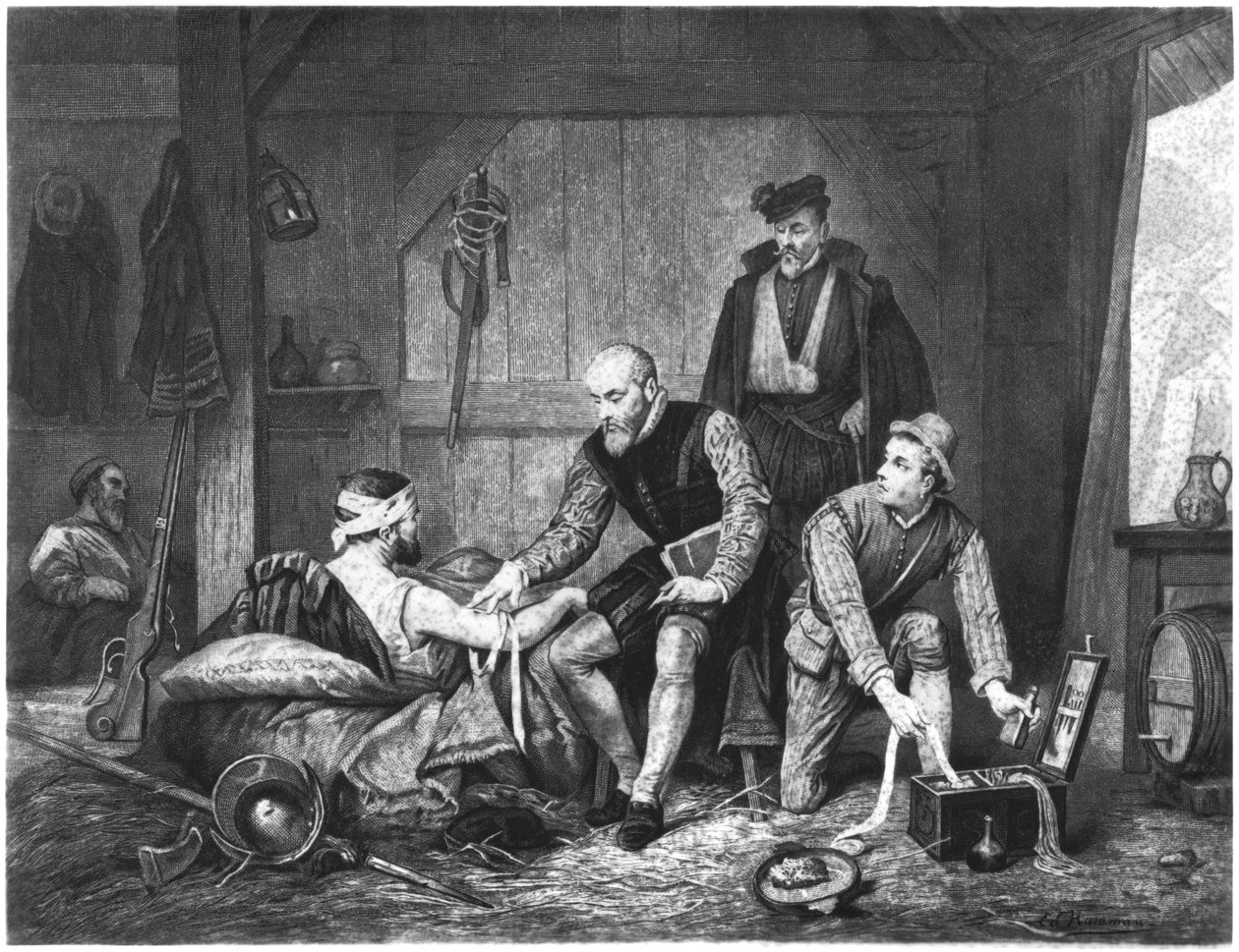 Ambroise Pare tratando de soldados feridos de Edouard Jean Conrad Hamman