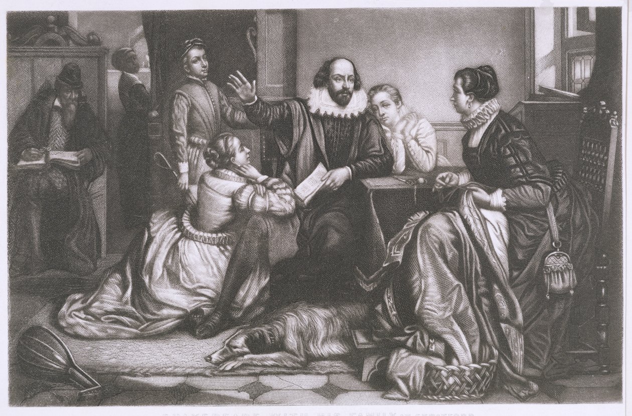 Shakespeare com sua família, em Stratford, Reciting the tragédia Hamlet (stipple gravura und etching) de Edouard Jean Conrad Hamman