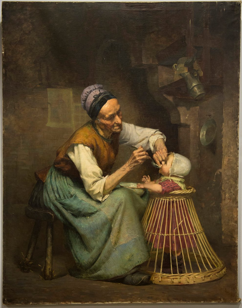 Uma mulher idosa alimenta a sua neta, segurada num carrinho de vime, de Edouard Jerome Paupion de Edouard Jerome Paupion