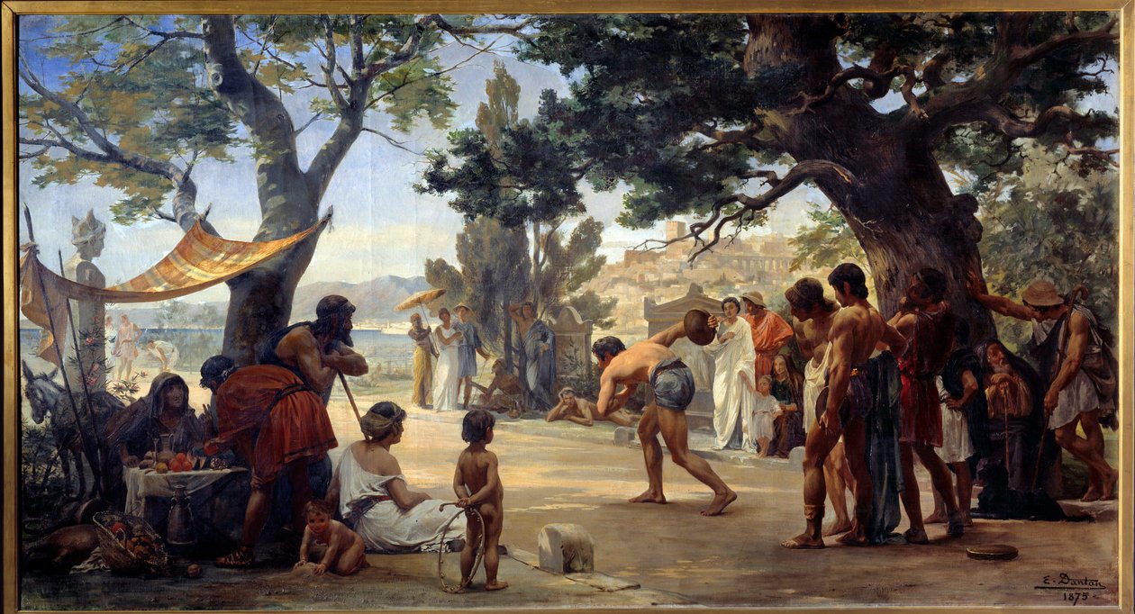 Antiguidade grega: "Le jeu du disque" (O jeu du disque) pintado por Joseph Dantan (1848-1897) 1875 Rouen, Musee des Beaux Arts de Edouard Joseph Dantan