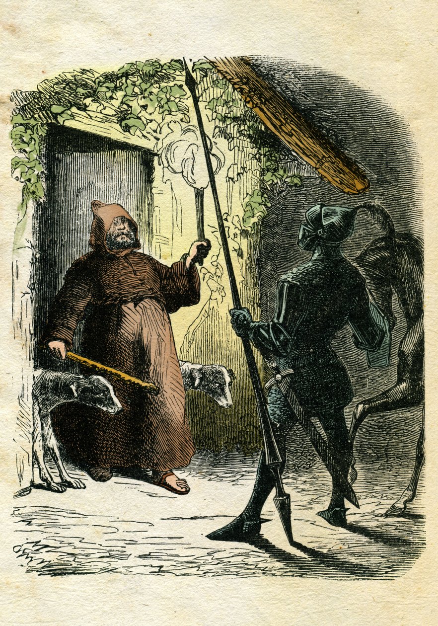 Ilustração de Edward Frère (1797-1874) e Theodore Lix (1830-1897) para «Ivanhoe», de Walter Scott (1771-1832), escritor escocês: o Cavaleiro Negro aceita a hospitalidade de um eremita na floresta. de Edouard & Lix Theodore (1830-1897) Frere