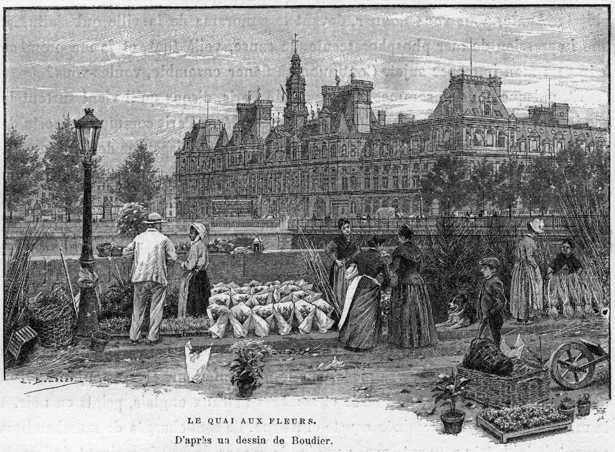 Cena parisiense no século XIX: comerciantes de flores no cais da Ile de la Cite. Na parte de trás, na Câmara Municipal de Paris. Gravura no final do século XIX, após um desenho de Boudier In "As capitais do mundo": Paris". de Edouard Louis Boudier