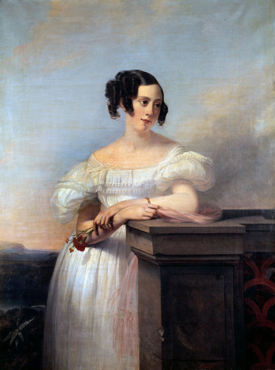 Retrato de uma Menina com a Pintura de Cravos de Edouard Louis Dubufe (1820-1883) Século XIX Rouen, Musee des Beaux Arts de Edouard Louis Dubufe
