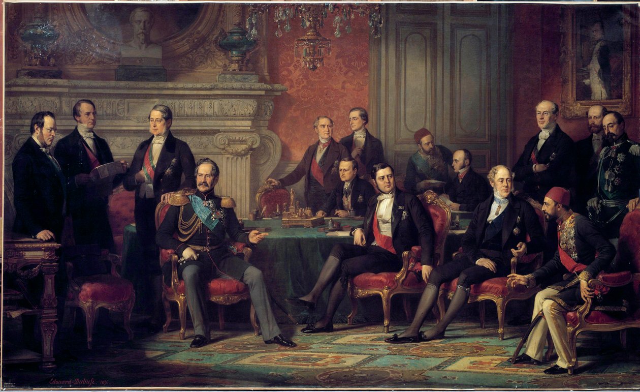 O Congresso de Paris, de 25 de Fevereiro a 30 de Março de 1856, reuniu-se no final da Guerra da Criminalidade, por Napoleão III, com os Ministros dos Negócios Estrangeiros dos Estados europeus. Pintura de Edouard Louis Dubufe (1820-1883). 1856 Sol. 3,08 x  de Edouard Louis Dubufe