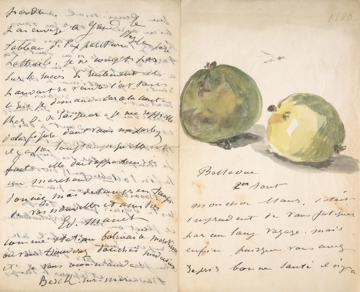Uma carta a Eugène Maus, decorada com duas maçãs, 2 de agosto de 1880. de Édouard Manet
