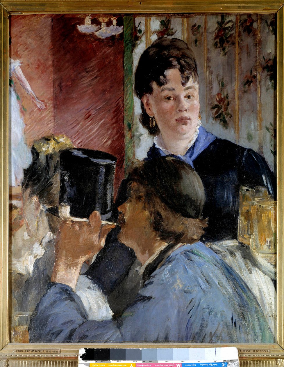 Uma jovem serve cerveja a convidados elegantes e populares. Pintura de Edouard Manet (1832-1883) 1878 Sun. 0,77x0,65 m Paris, musee d