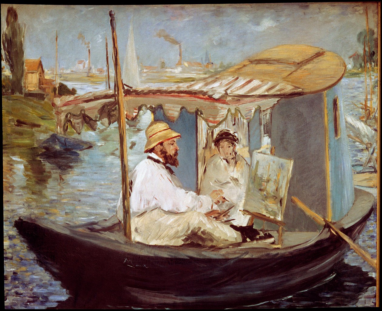 Claude Monet a pintar no seu barco-estúdio de Édouard Manet