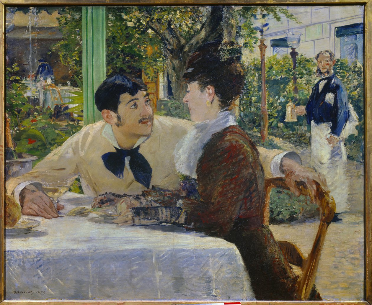 Do Padre Lathuille. Ao ar livre Um casal bebendo uma taça de champanhe no terraço de um restaurante ao ar livre perto da Place de Clichy em Paris (Montmartre). Pintura de Edouard Manet (1832-1883) 1879 Tournai. Museu de Belas Artes de Édouard Manet