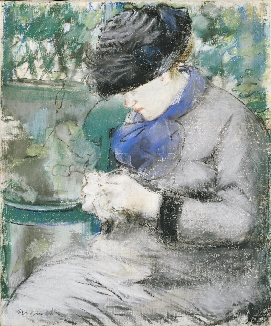 Menina sentada no jardim, ou tricô, 1879 de Édouard Manet