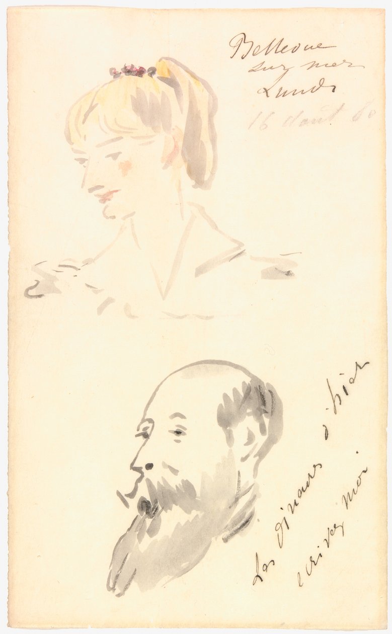 Cabeça de mulher e cabeça de homem barbudo de Édouard Manet
