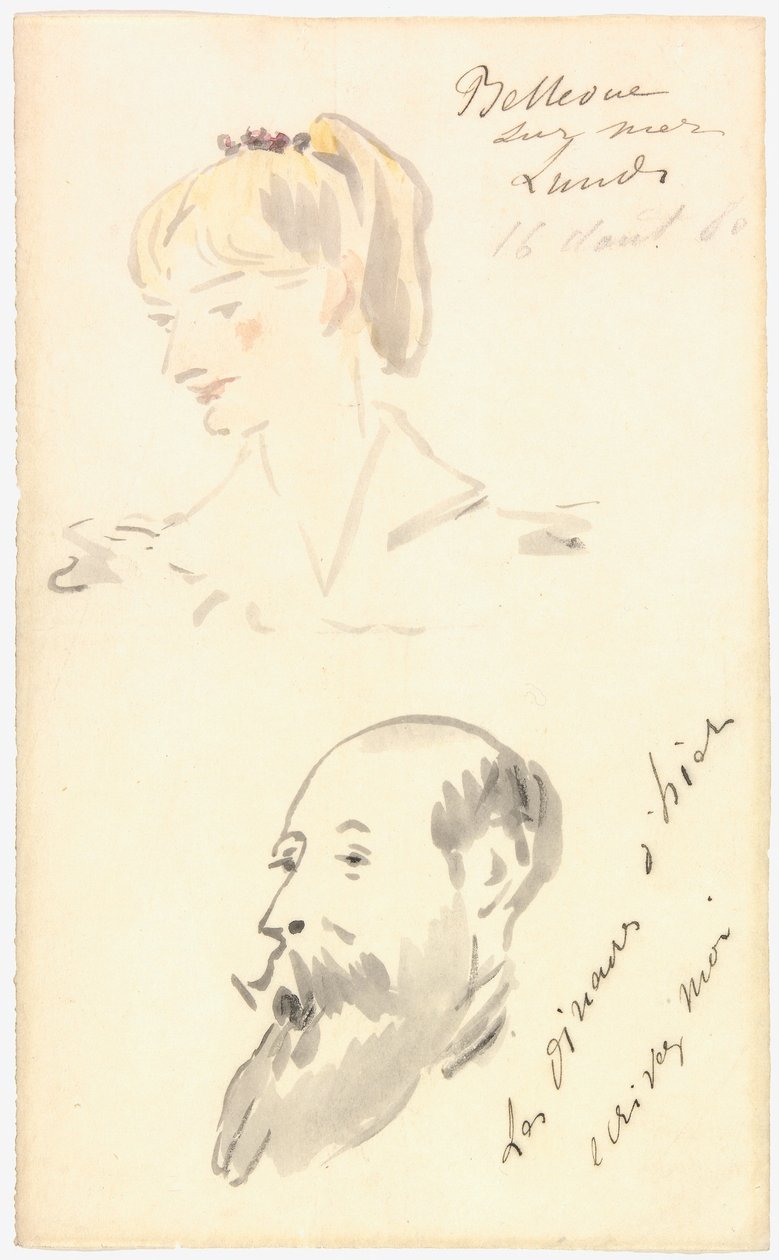 Manet - Cabeça de mulher e cabeça de homem barbudo, 1880 de Édouard Manet