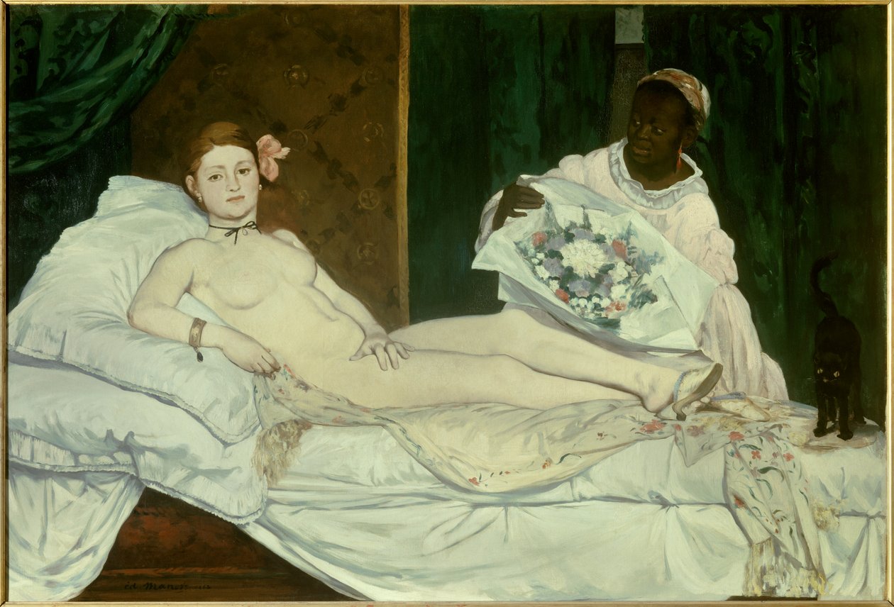 Olympia Jovem mulher nua numa cama com sua empregada negra trazendo-lhe um ramo de flores. Pintura de Edouard Manet (1832-1883) 1863 Sol. 1,3x1,9 m Paris, musee d