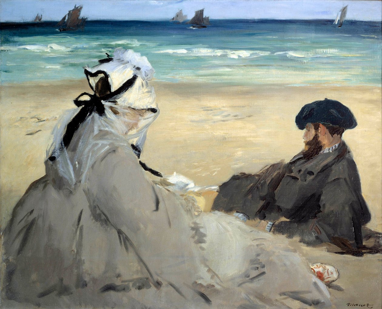 Na praia Representação de Suzanne Manet, esposa do artista e de seu irmão Eugene na praia Berck sur mer (Berck-sur-Mer). Pintura de Edouard Manet (1832-1883) Ete 1873 Sun. 0,59x0,73 m Paris musee d