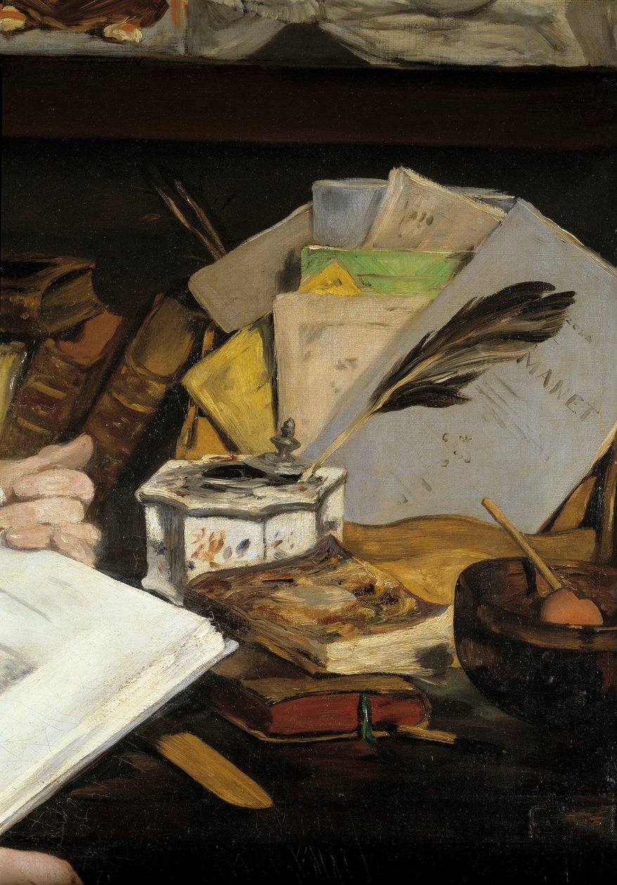 Retrato de Emile Zola, detalhe. Taça de tinta com caneta e livros incluindo um "Manet". Pintura de Edouard Manet (1832-1883) 1868 Paris, Musee d