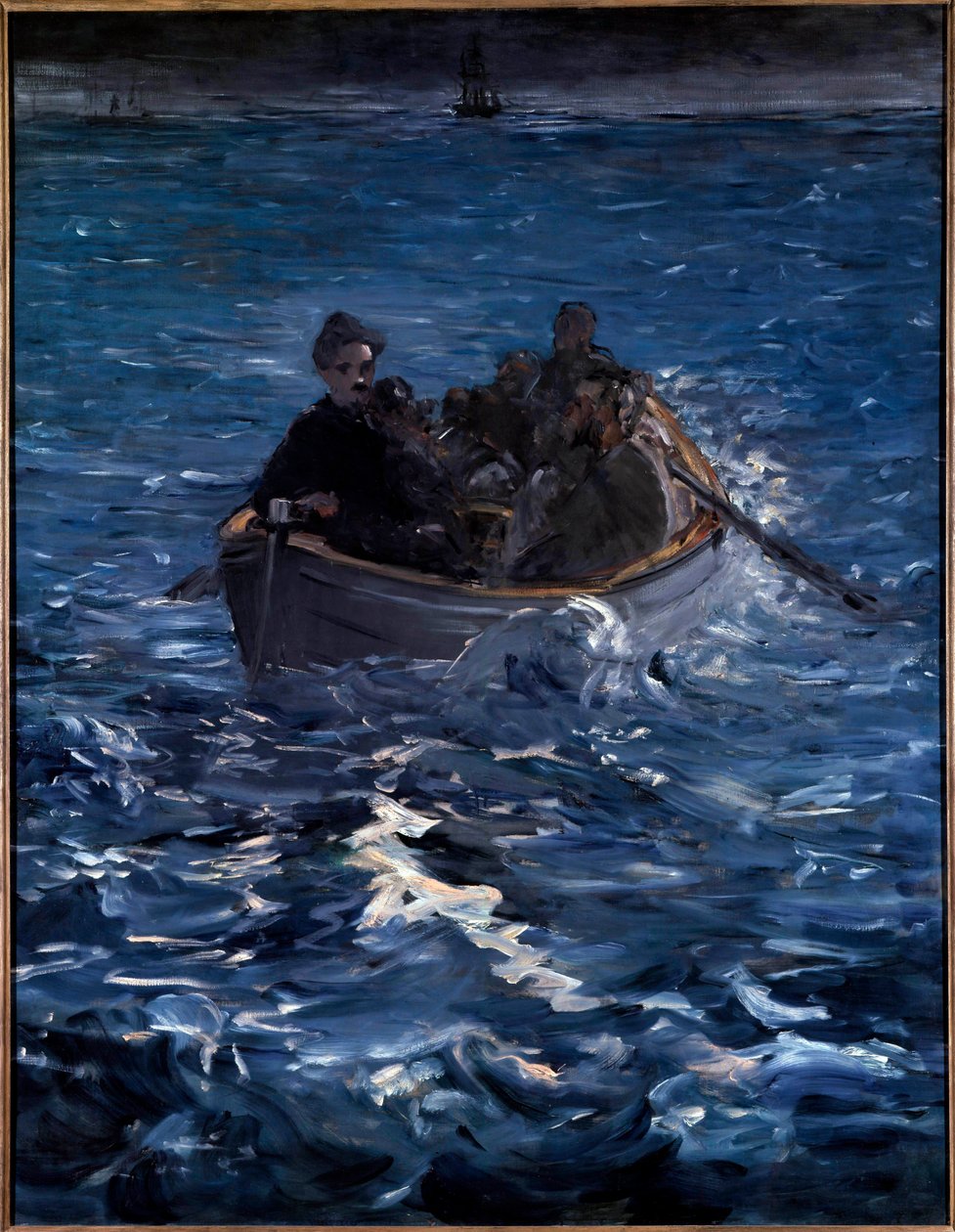 A fuga de Rochefort. Henri de Rochefort escritor francês (1831-1913) parte para a península de Ducos, na Nova Caledônia, escapando em março de 1874 com Grousset et Pain. Pintura de Edouard Manet (1832-1883) 1880. Zurique. Fundação Rau para o Terceiro Mundo de Édouard Manet