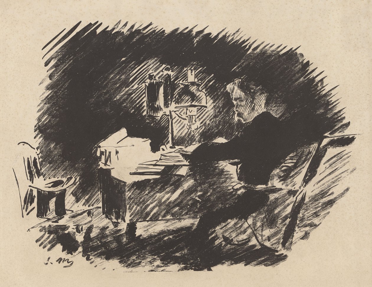 Sob a lâmpada, da tradução de Stéphane Mallarmé de O Corvo de Edgar Allan Poe de Édouard Manet