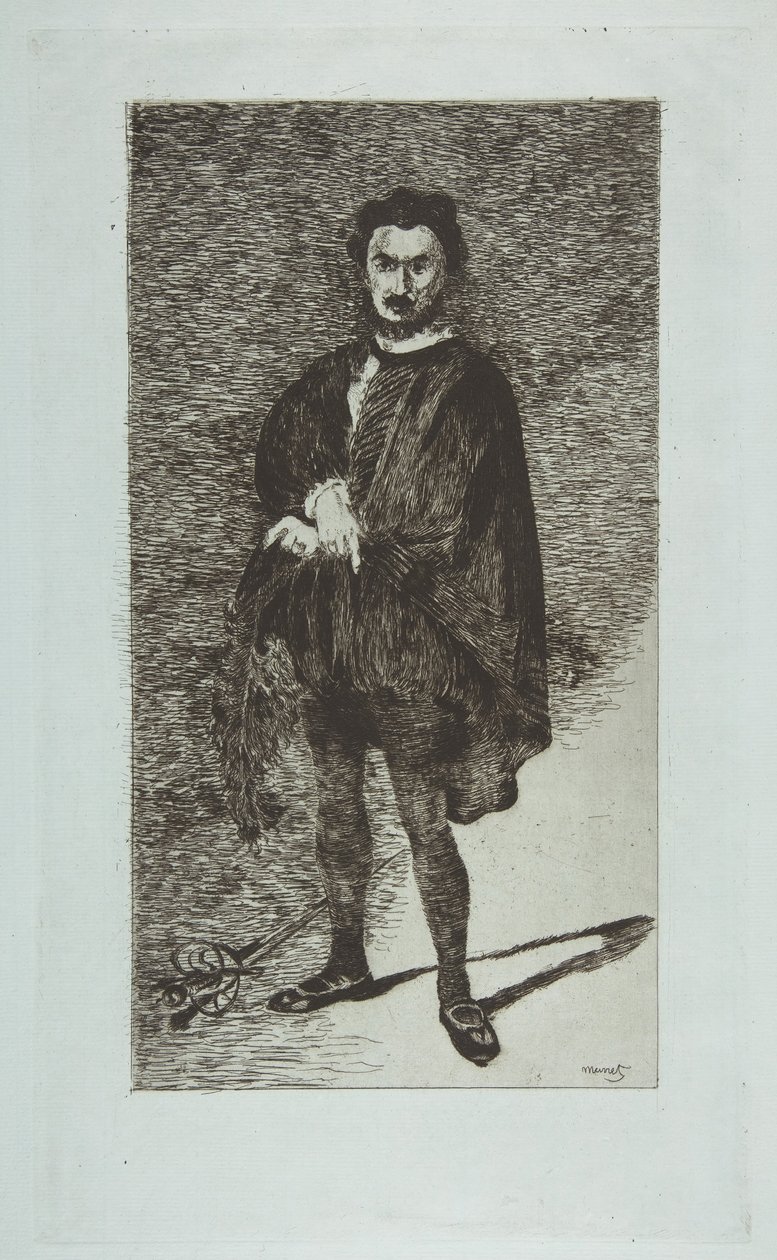 O ator trágico: Rouvière no papel de Hamlet, 1865-66. de Édouard Manet