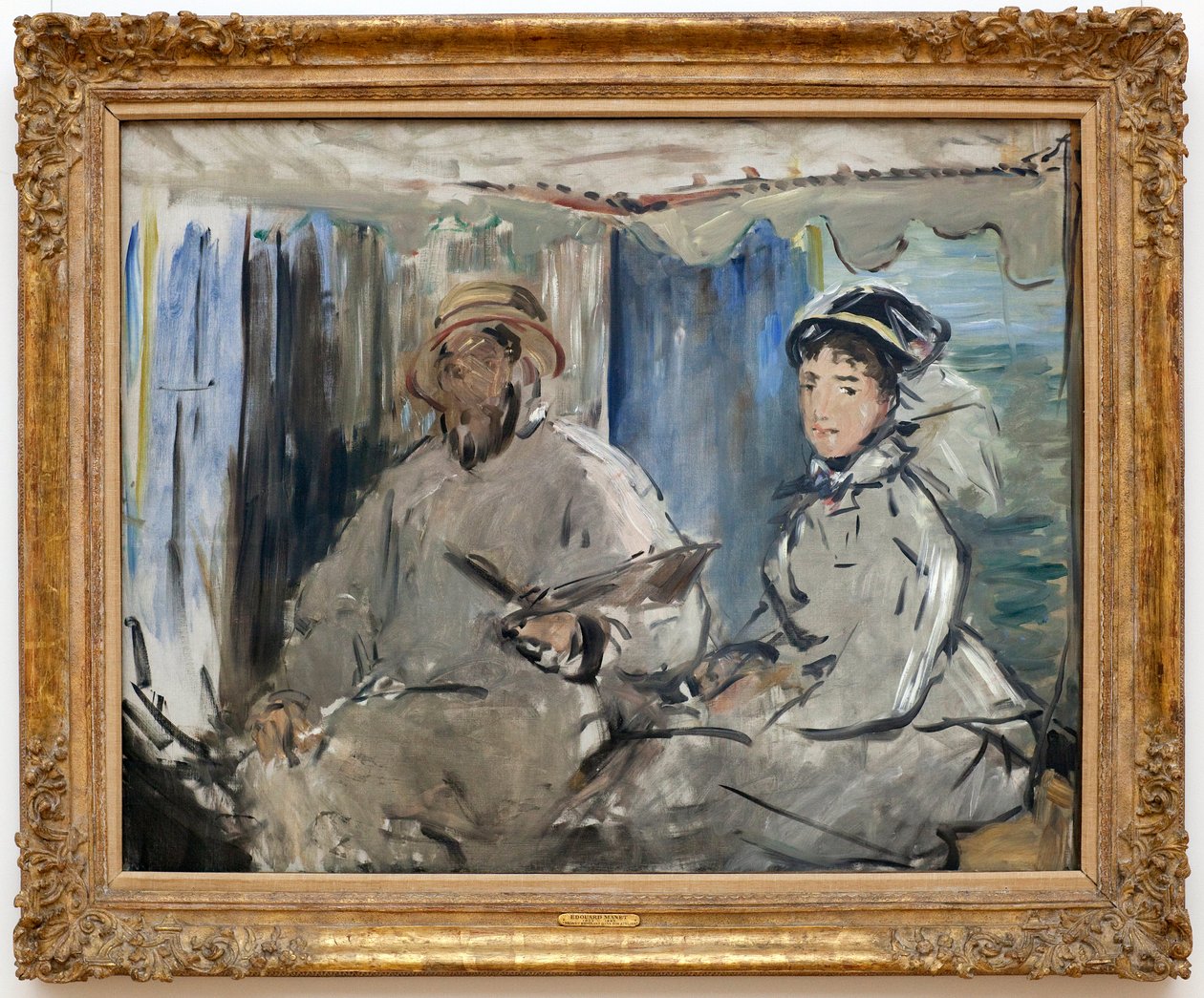 O pintor Claude Monet (1840-1926) no seu estúdio. (Ao seu lado, a sua esposa Camille, no seu barco de oficina). Pintura de Edouard Manet (1832-1883), Oil On Canvas de Édouard Manet