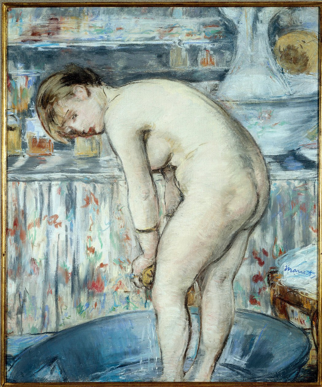 A banheira ou a Mulher numa banheira. Uma mulher com os pés numa bacia faz a sua sanita. Pintura em pastel por Edouard Manet (1832-1883) Dim 0,54 x 0,45 de Édouard Manet