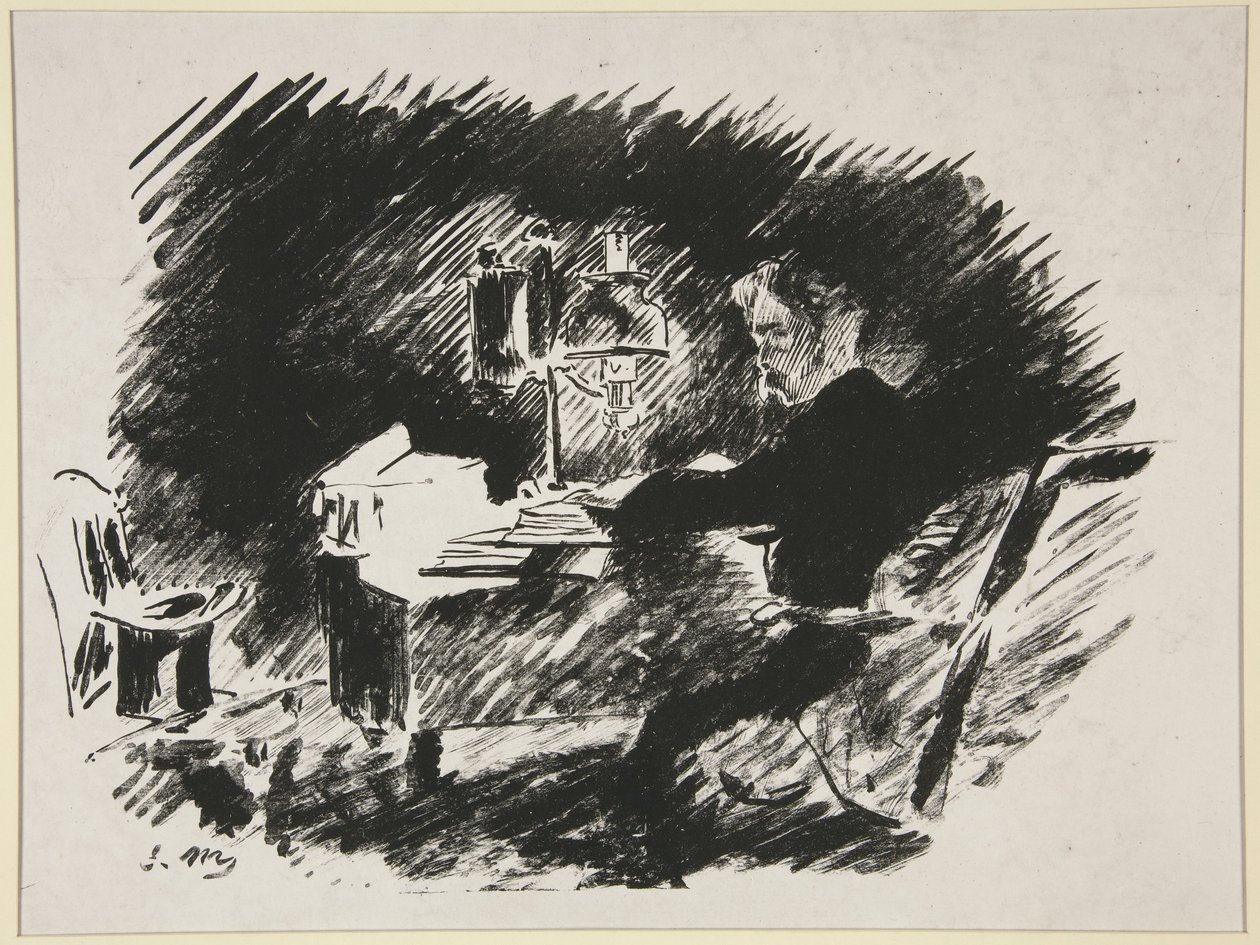 Sob a lâmpada, primeira ilustração da tradução de Mallarmé de «O Corvo» de Poe de Édouard Manet
