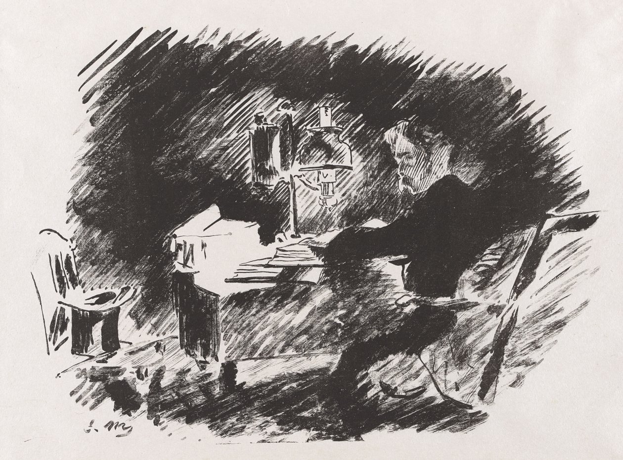 Sob a lâmpada, da tradução de Stéphane Mallarmé de O Corvo de Edgar Allan Poe de Édouard Manet