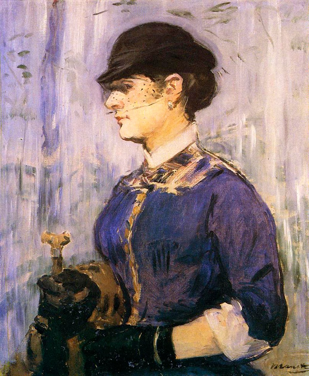 Mulher jovem, com, um, topo azul, e, pequeno, chapéu preto, 1877 de Édouard Manet