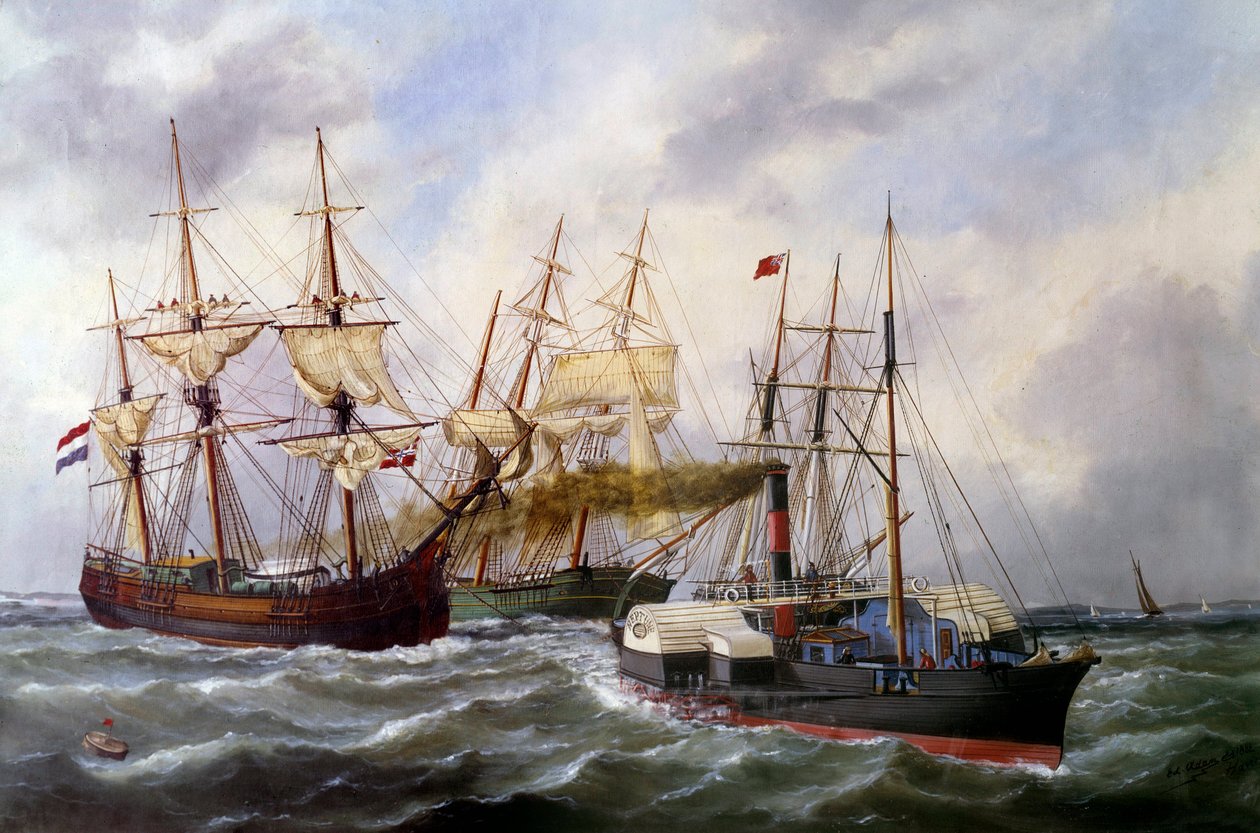 Dois reboques de três esteiras por Le Neptune au Havre em 1882 Pintura por Edouard Adam (1847-1929) 1882 Paris, Musee de la Marine de Edouard Marie Adam