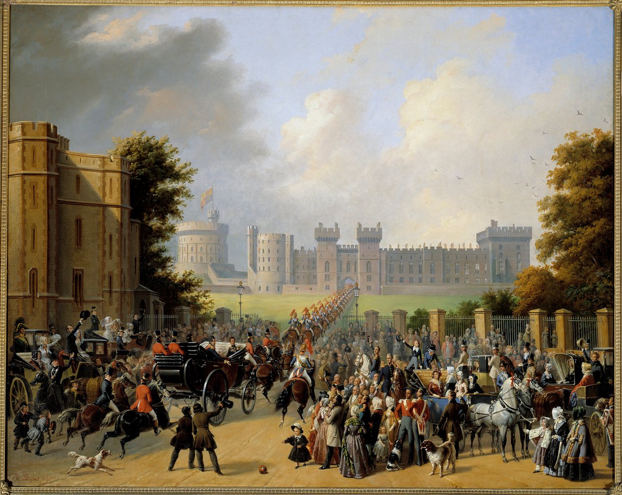Chegada por Louis Philippe I (1773-1850) ao Castelo de Windsor 8/10/1844 Pintura por Edouard Pingret (1788-1875) 1845 Sol. 1,28x1,6 m de Edouard Pingret