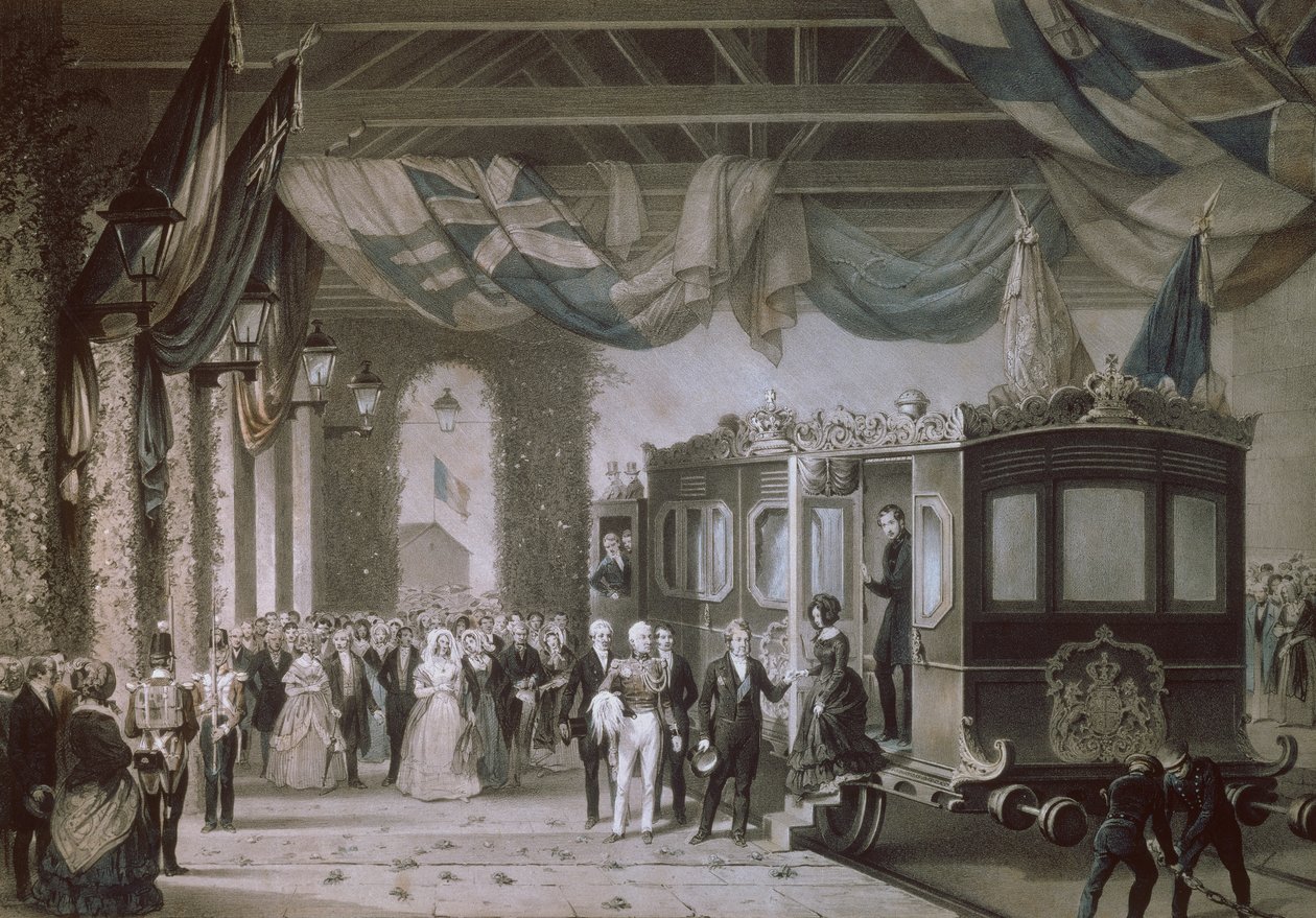Rainha Victoria (1819-1901) e Príncipe Albert (1819-1861) Chegando na Estação Gosport, Hampshire, gravada por Bayot & Cuvilier, 1846 de Edouard Pingret