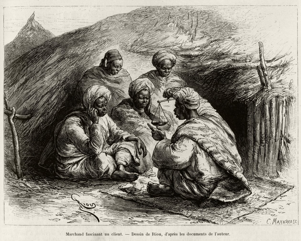 Um comerciante fascina um cliente, sentado no chão, sobre um pequeno tapete, ele faz o artigo segurando uma balança. Gravado por Riou, para ilustrar a história "From Niger to the Gulf of Guinee", do capitão Louis Gustave Binger (1856-1936), em 1887-1889, i de Edouard Riou