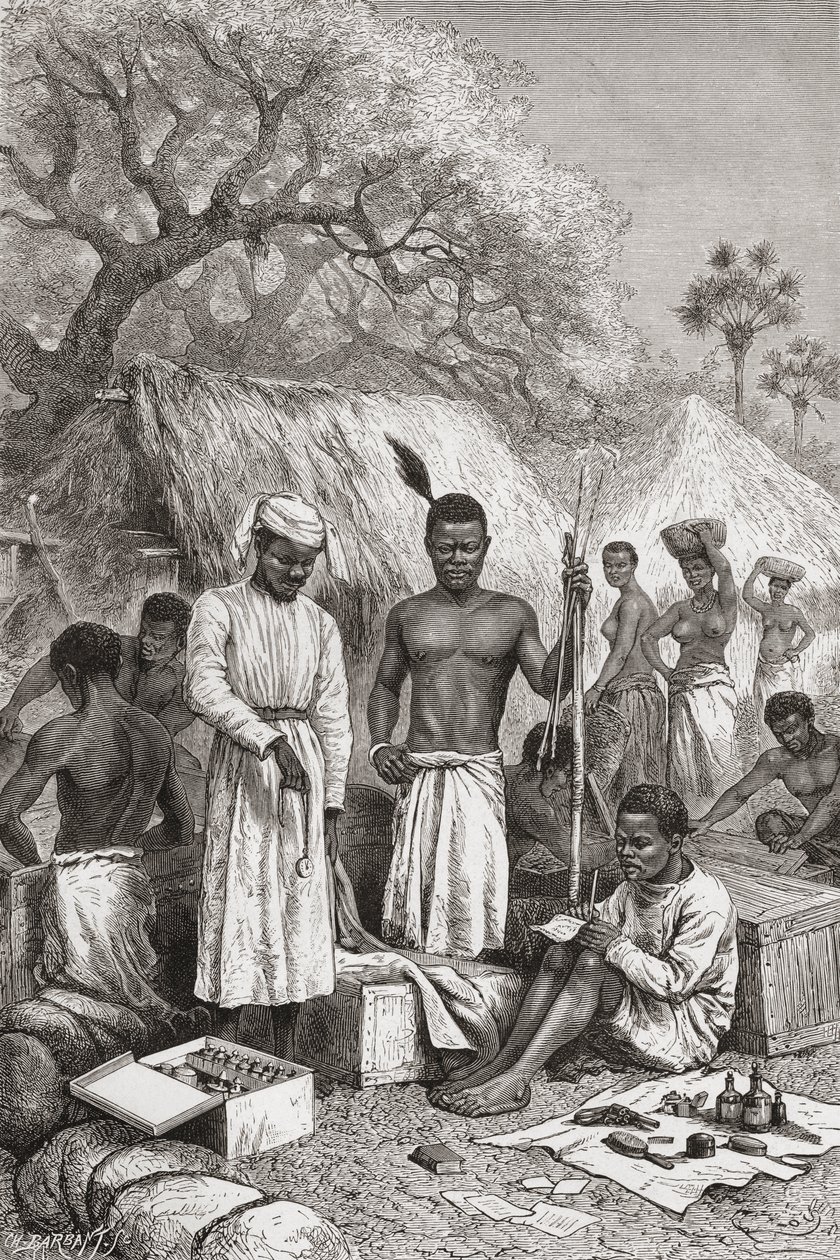 Abdullah Souzi, Jacob Wainright e James Chouma, os três servos do Dr. David Livingstone, fazendo um balanço de seus pertences após sua morte em 1873, ilustração de "O Mundo nas Mãos", gravada por Charles Barbant de Edouard Riou