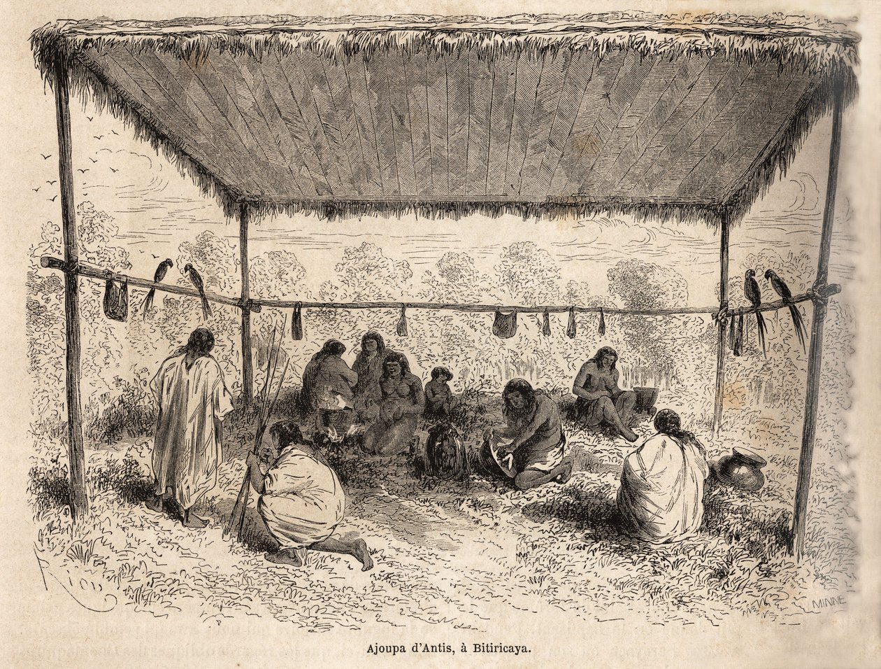 Ajoupa (construção precária de habitações) dos índios Antis, em Biticaraya (Peru), desenho de Riou, ilustrando a viagem do Oceano Pacífico para o Oceano Atlântico de Edouard Riou