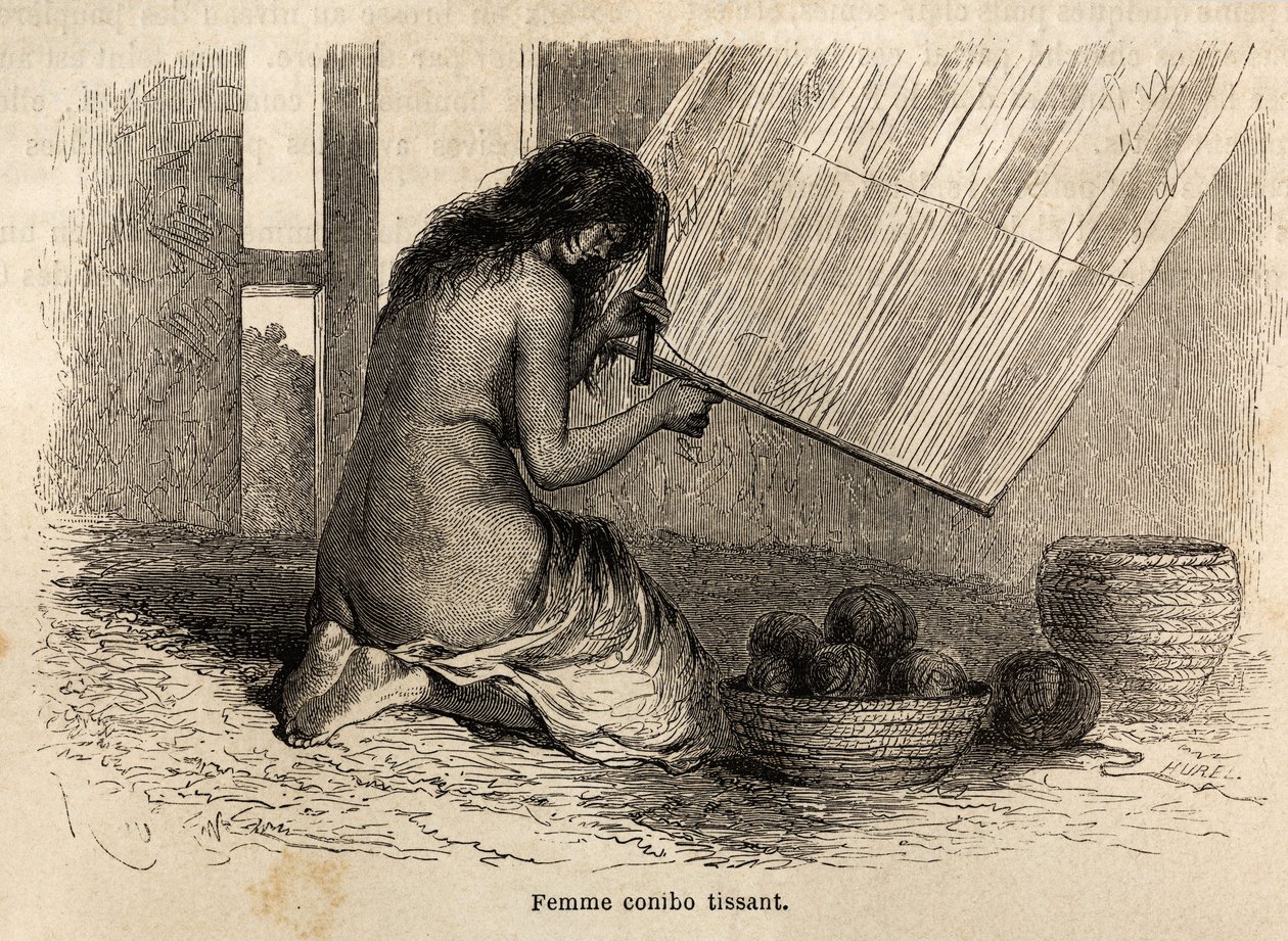 Um Conibo indiano do Peru tecelagem, desenhada por Riou para ilustrar a viagem, de 1848 a 1860, de P. Marcoy, do Oceano Pacífico para o Oceano Atlântico. Gravura em "Le tour du monde", editado por Edouard Charton de Edouard Riou