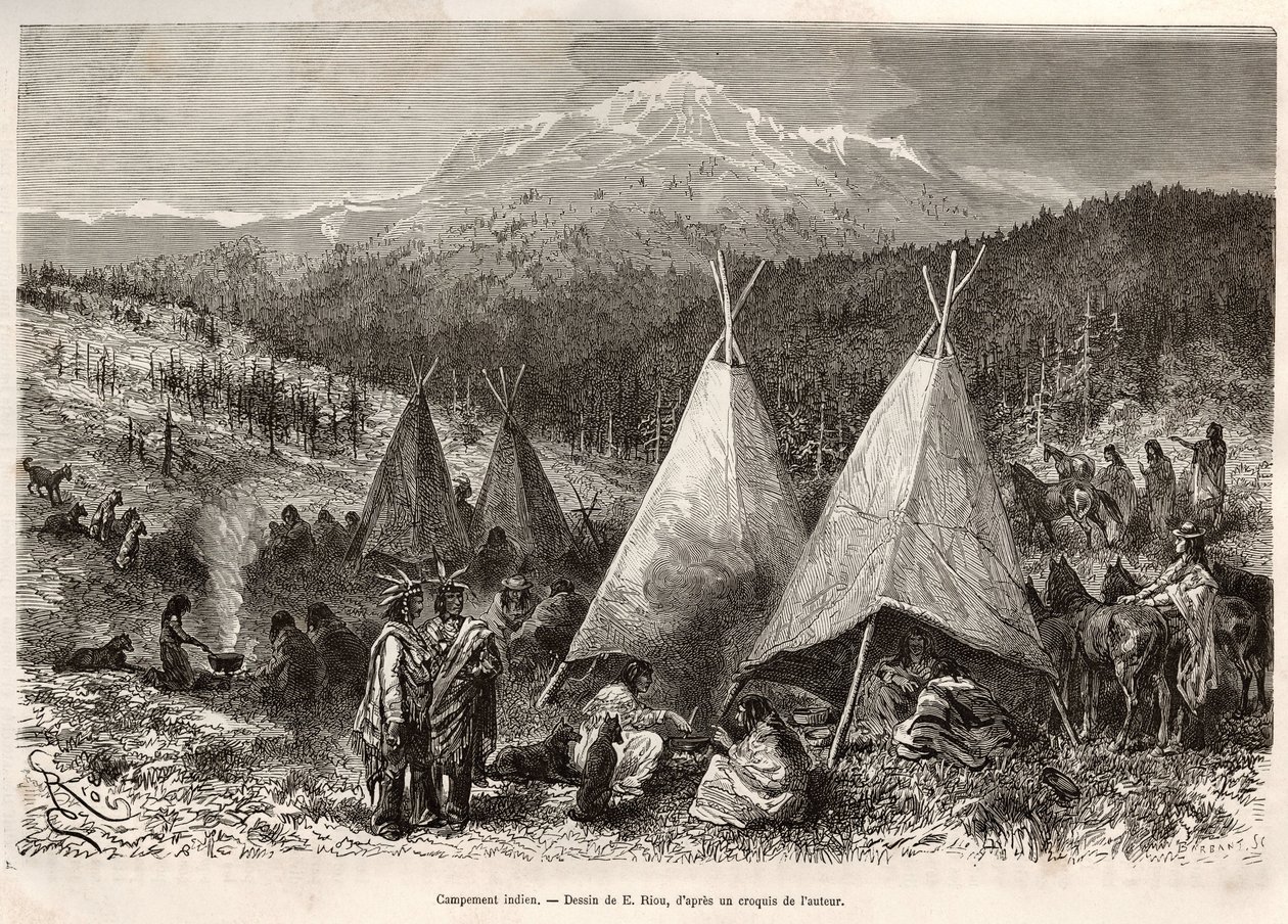 Um acampamento indiano, em território do Utah, nas margens do Riviere Verte. Gravura após o desenho de E.Riou, para ilustrar a história La conquete blanche, de William Hepworth Dixon, em 1875, publicada em "Le tour du monde" 1876, editada por Edouard Chart de Edouard Riou