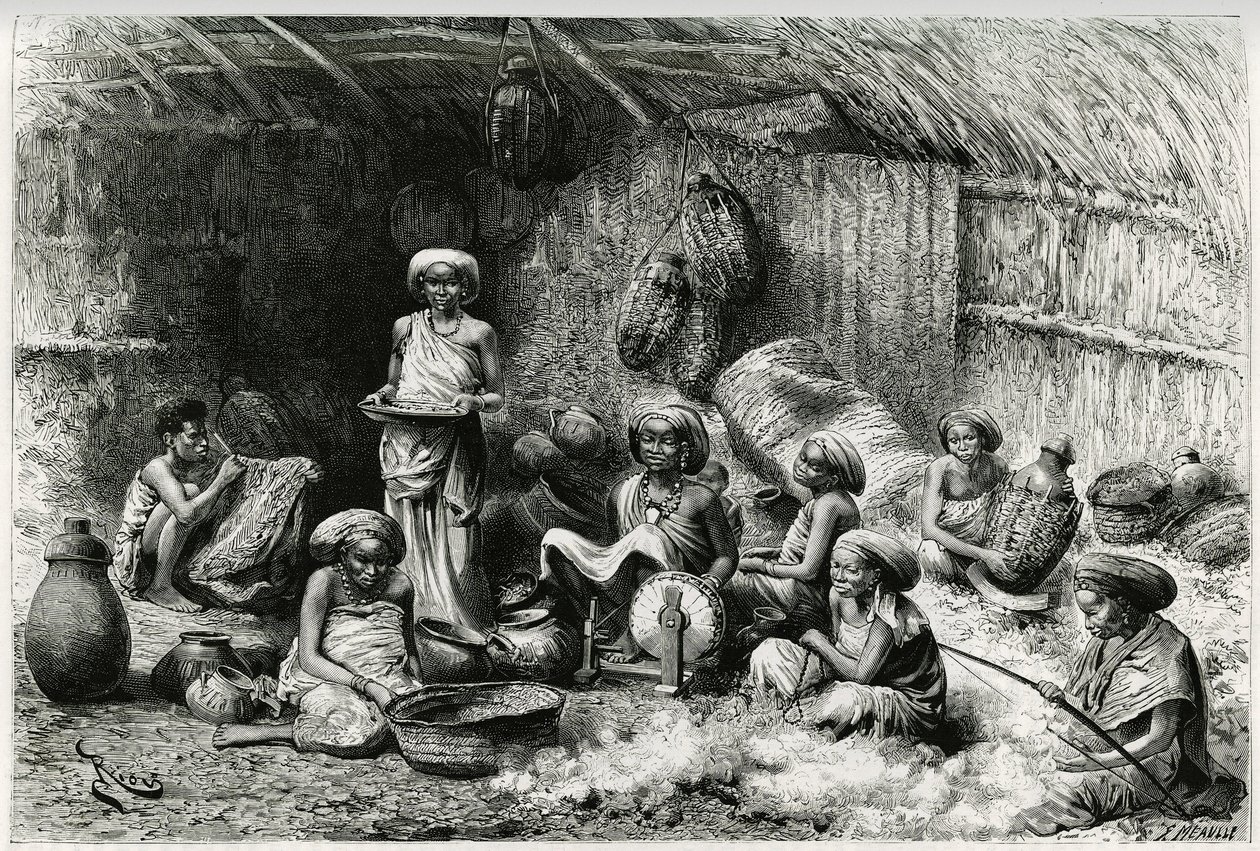 Uma tarde no Sheik dos Gobrons, o favorito das atividades femininas: bordado e fiação de lã, vime e cerâmica. Gravura de Riou, para ilustrar a história "Voyage chez les Benadir, les somalis et les Bayoun", em 1882-1883, de Georges Rev de Edouard Riou