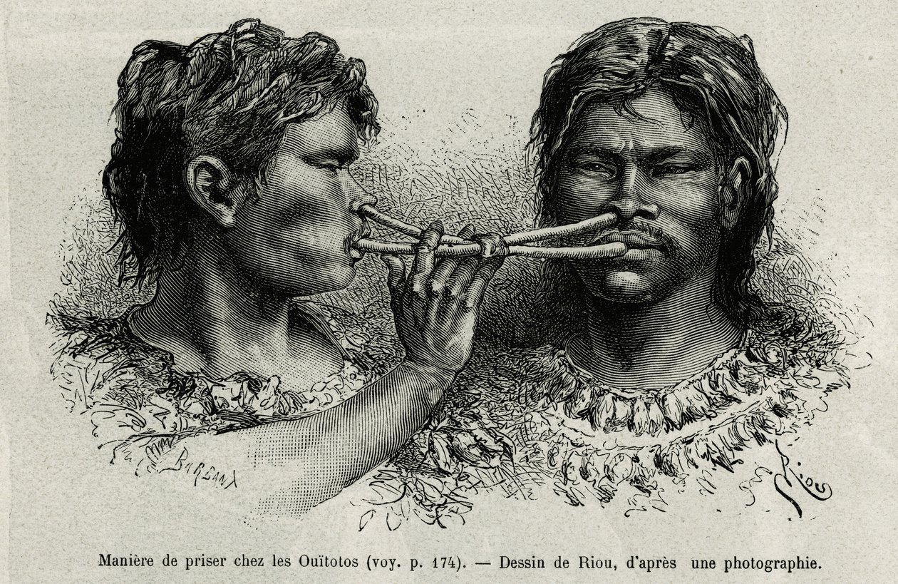 Um instrumento feito de osso de pássaro e uma forma de rapé entre os índios ouitotos (uitototo), soprando em uníssono, eles enviam simultaneamente a captura. Gravura de Riou, para ilustrar a história de Cayenne aux Andes, de Jules Crevaux, médico da marinh de Edouard Riou