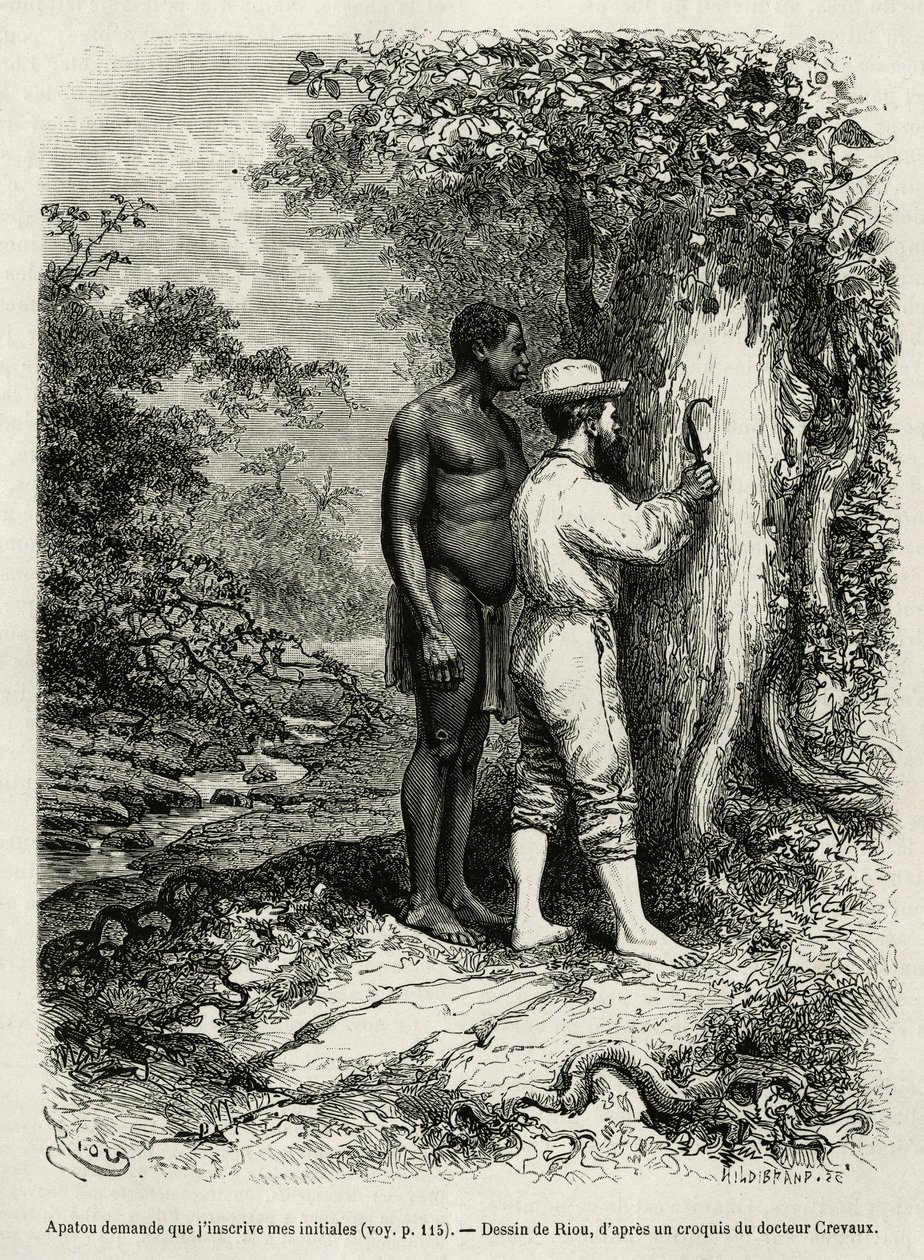 Apatou, guia e companheiro de viagem pede ao autor explorador que grave as suas iniciais na casca de uma árvore. Gravura de Riou, para ilustrar a história de Cayenne aux Andes, de Jules Crevaux, médico da marinha francesa, em 1878-1879, publicada no Tour d de Edouard Riou
